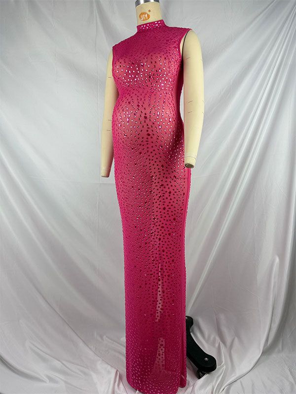 Momnfancy Diamond Trendy Fitted Sleeveless Mesh Club Evening Bodycon Baby Shower Maternity Maxi Dress