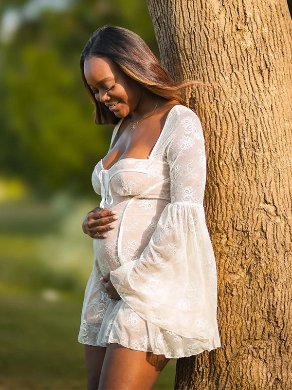 Momnfancy White Lace Off Shoulder Drawstring Ruffle Photoshoot Maternity Mini Dress