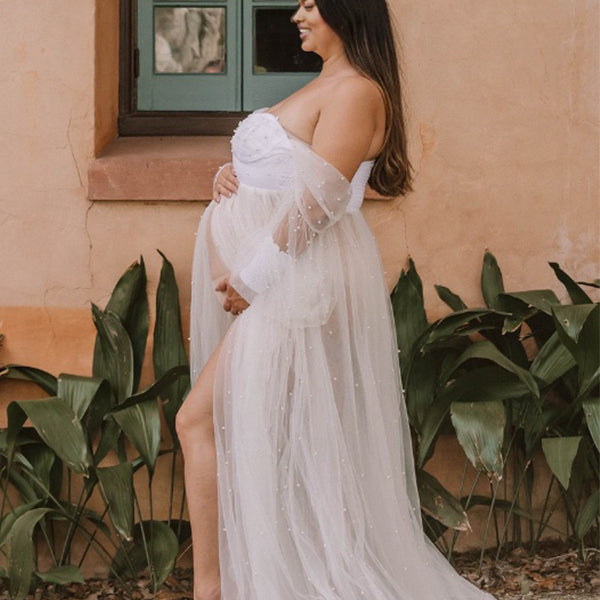 Momnfancy Boat Neck Trailing Tulle Tutu Maternity Maxi Dresses