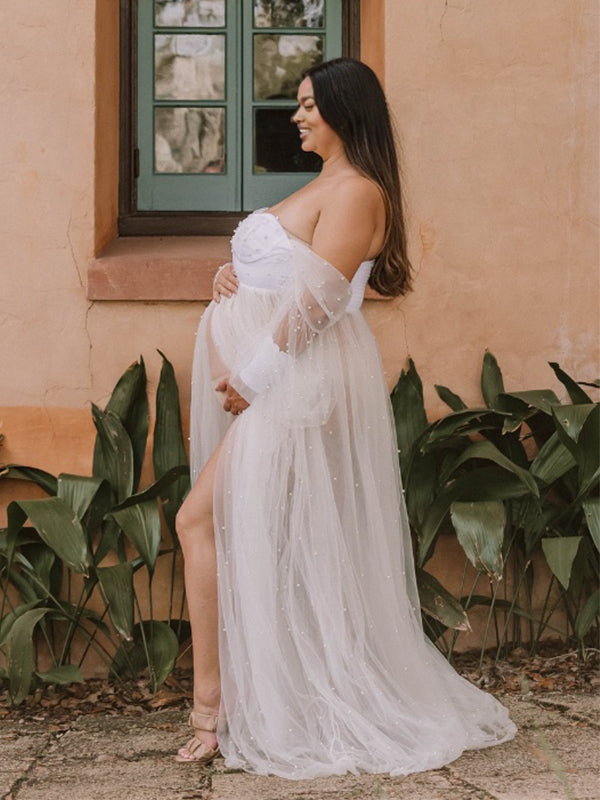 Momnfancy Boat Neck Trailing Tulle Tutu Maternity Maxi Dresses