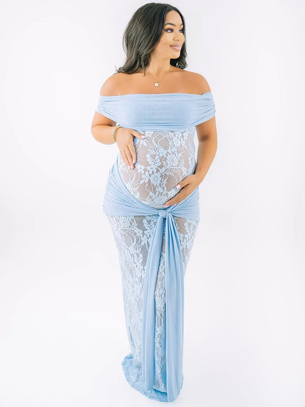 Momnfancy Draped Mermaid Bodycon Lace-up Lace Off-shoulder Party Photoshoot Maternity Maxi Dress