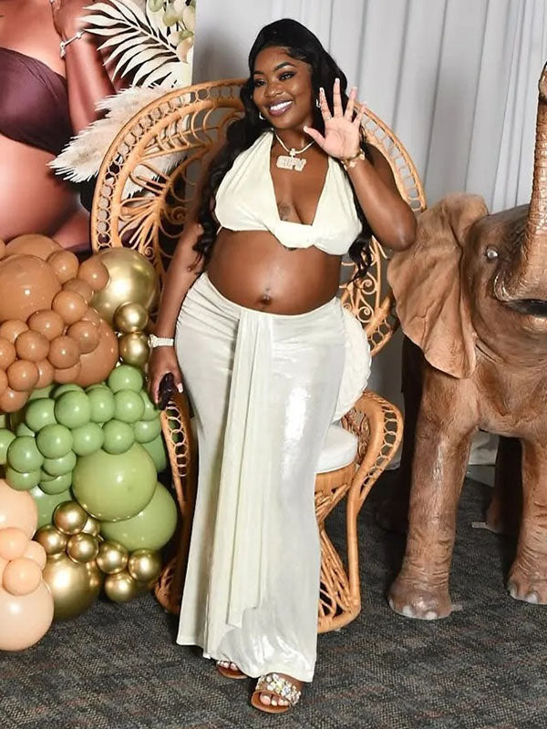 Momnfancy Halter Neck Crop Bodycon Draped Baby Shower Maternity Maxi Dresses