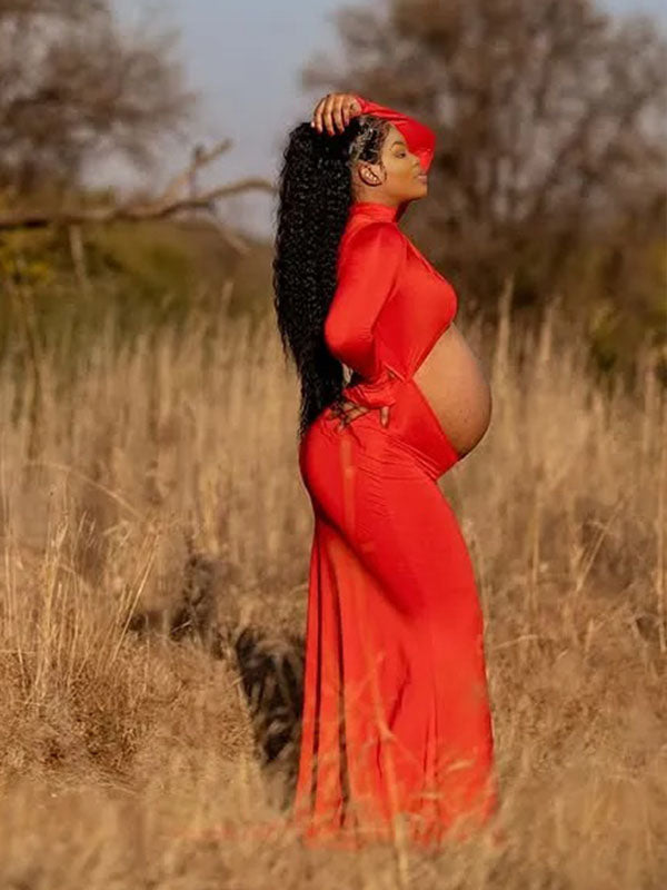 Momnfancy Red Cross Front Crop Cut Out Maternity Photoshoot Dress
