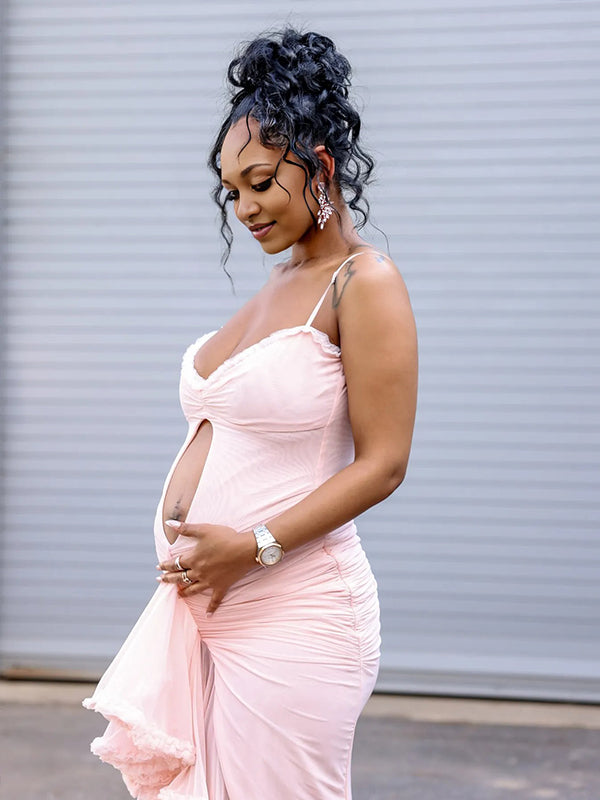 Momnfancy Pink Ruffle Crop Cut Out Irregular Mesh Bodycon Photoshoot Maternity Maxi Dress