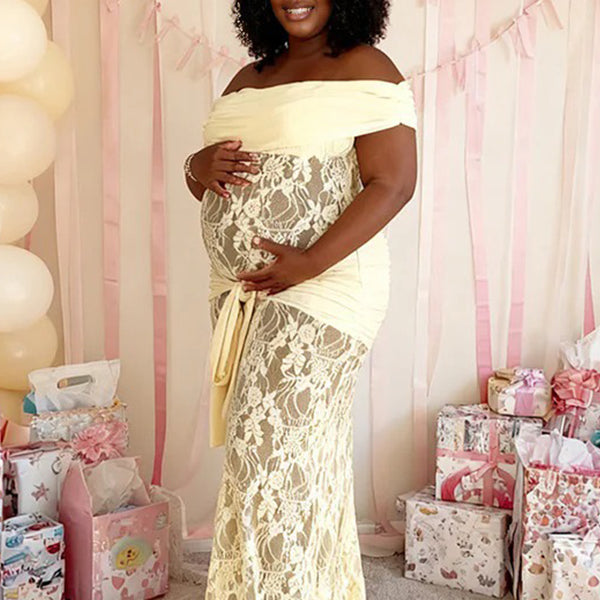 Momnfancy Off Shoulder Lace Sheer Ruched Draped Lace-up Baby Shower Bodycon Maternity Maxi Dress