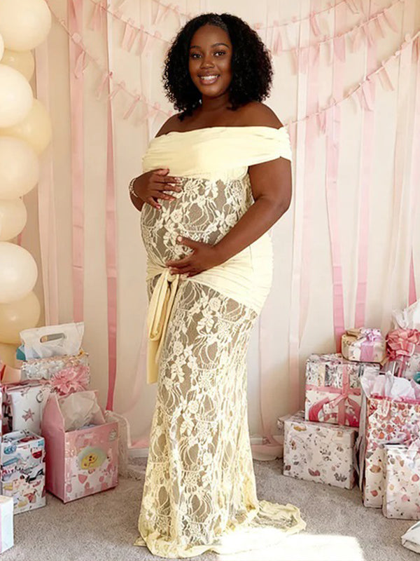 Momnfancy Off Shoulder Lace Sheer Ruched Draped Lace-up Baby Shower Bodycon Maternity Maxi Dress