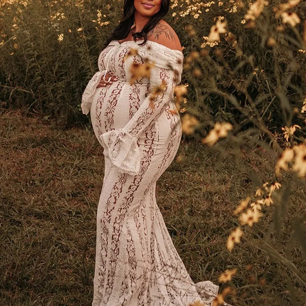 Momnfancy White Off Shoulder Lace Bandeau Tie Front Mermaid Bandage Going Out Photoshoot Maternity Maxi Dress