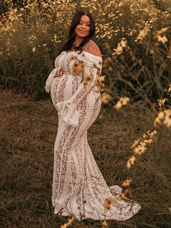 Momnfancy White Off Shoulder Lace Bandeau Tie Front Mermaid Bandage Going Out Photoshoot Maternity Maxi Dress