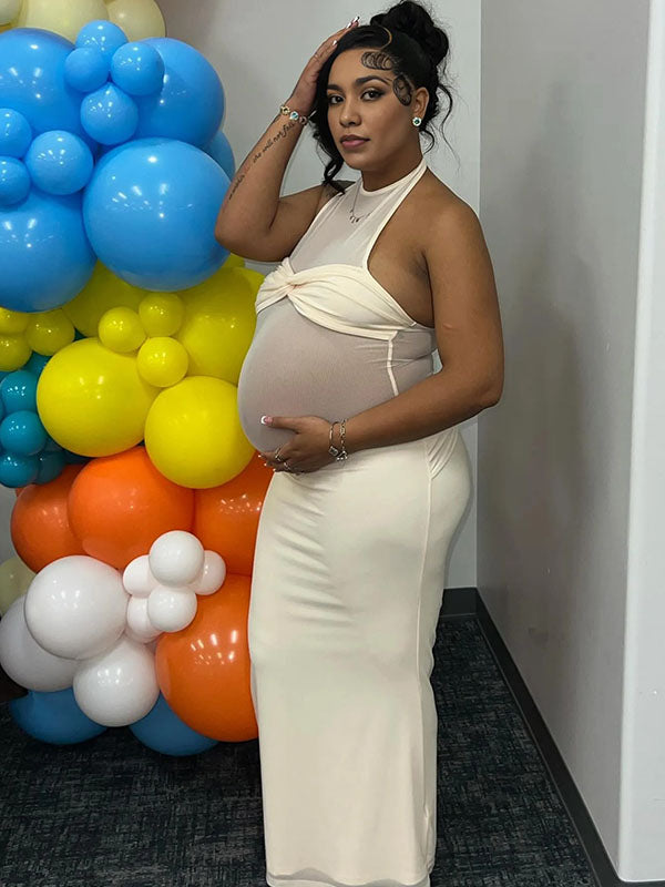 Momnfancy Mesh Bodycon Ruched Sheer Photoshoot Maternity Maxi Dress