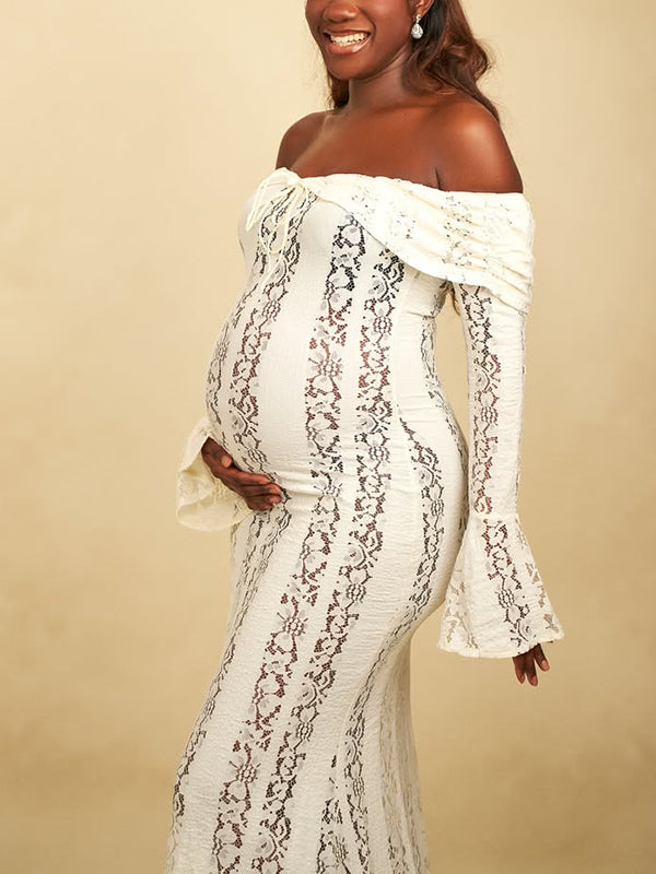 Momnfancy White Off Shoulder Lace Bandeau Tie Front Mermaid Bandage Going Out Photoshoot Maternity Maxi Dress