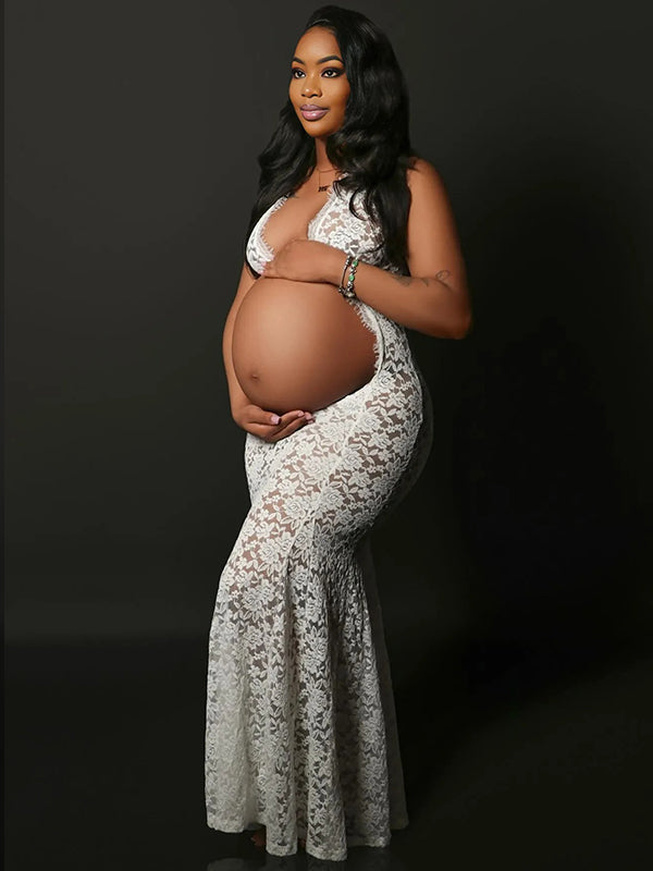 Momnfancy White Lace Cut Out Backless Mermaid Sheer Elegant Photoshoot Maternity Maxi Dress