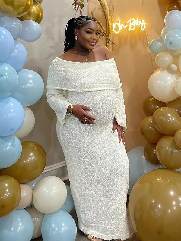 Momnfancy Solid Color Off Shoulder Knitwear Bodycon Baby Shower Maternity Maxi Dress