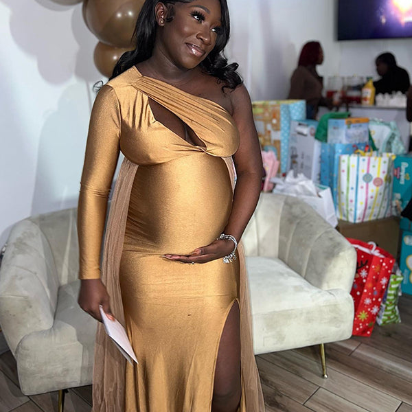 Momnfancy Gold Cut Out Side Slit One Shoulder Bodycon Evening Gowns Babyshower Maternity Maxi Dress