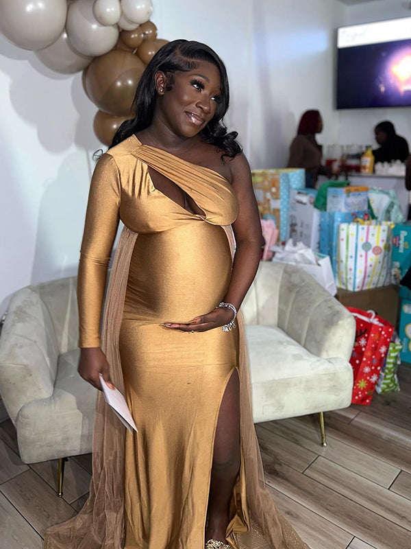 Momnfancy Gold Cut Out Side Slit One Shoulder Bodycon Evening Gowns Babyshower Maternity Maxi Dress