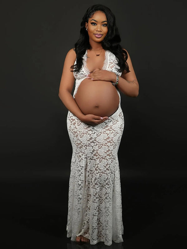 Momnfancy White Lace Cut Out Backless Mermaid Sheer Elegant Photoshoot Maternity Maxi Dress