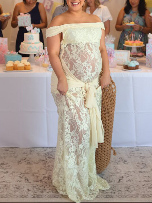 Momnfancy Off Shoulder Lace Sheer Ruched Draped Lace-up Baby Shower Bodycon Maternity Maxi Dress