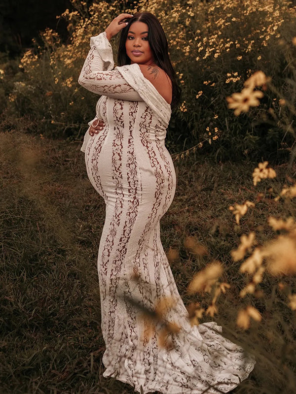 Momnfancy White Off Shoulder Lace Bandeau Tie Front Mermaid Bandage Going Out Photoshoot Maternity Maxi Dress