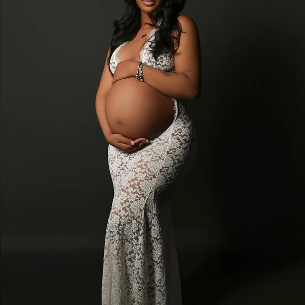 Momnfancy White Lace Cut Out Backless Mermaid Sheer Elegant Photoshoot Maternity Maxi Dress