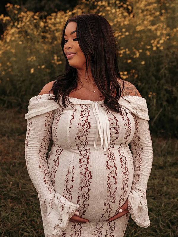 Momnfancy White Off Shoulder Lace Bandeau Tie Front Mermaid Bandage Going Out Photoshoot Maternity Maxi Dress