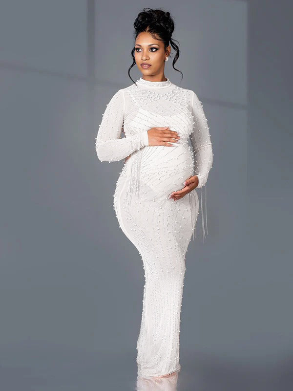 Momnfancy Solid Color Diamond Mesh Rhinestone Tassel Sheer Bodycon Plus Size Evening Photoshoot Maternity Maxi Dress