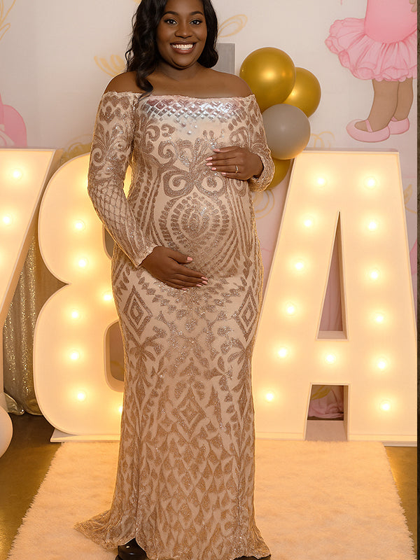 Momnfancy Belly Friendly Off Shoulder Sequin Mermaid Evening Babyshower Maternity Maxi Dress