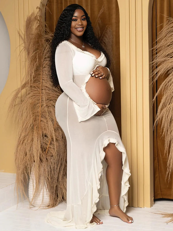 Momnfancy Mesh Ruffle Cut Out Crop Irregular Split Sheer Photoshoot Maternity Maxi Dress
