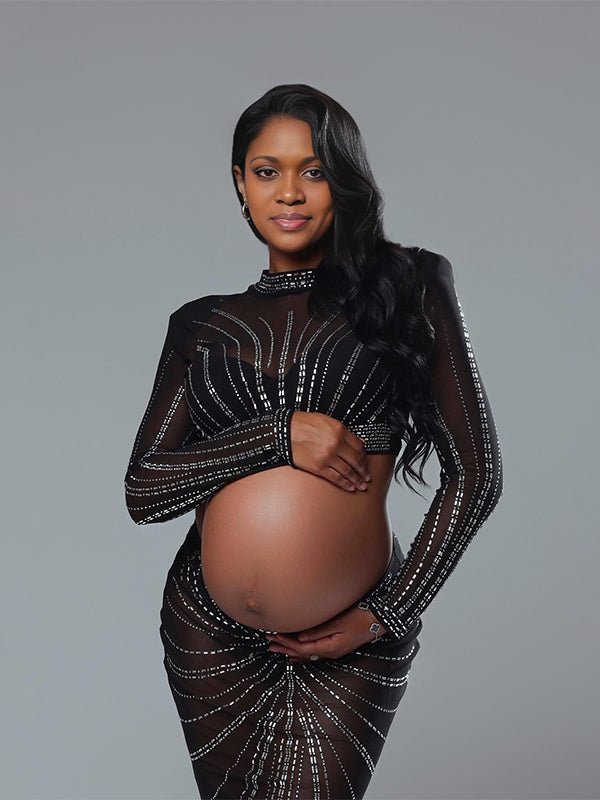 Momnfancy 2-in-1 Mesh Crop Rhinestones Photoshoot Maternity Maxi Dress
