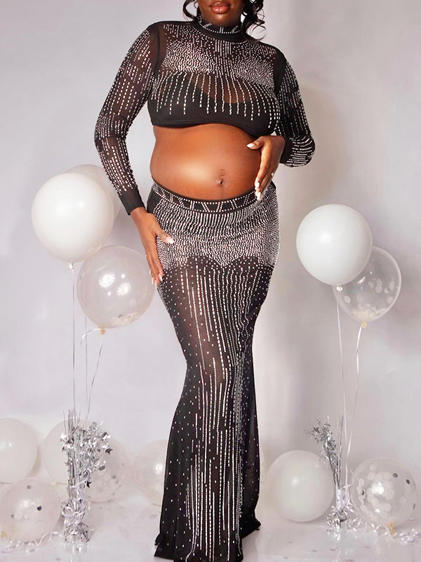Momnfancy Black Mesh Two Piece Bodycon Diamond Photoshoot Plus Size Elegant Maternity Maxi Dress