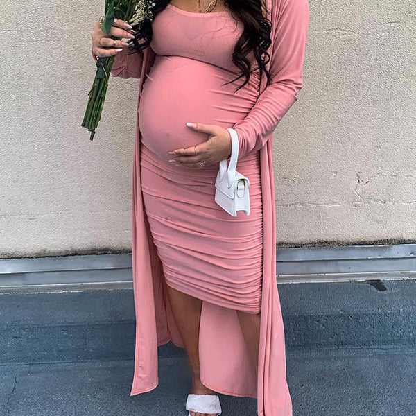 Momnfancy Two Piece Boat-Neck Bodycon Babyshower Evening Maternity Maxi Dress