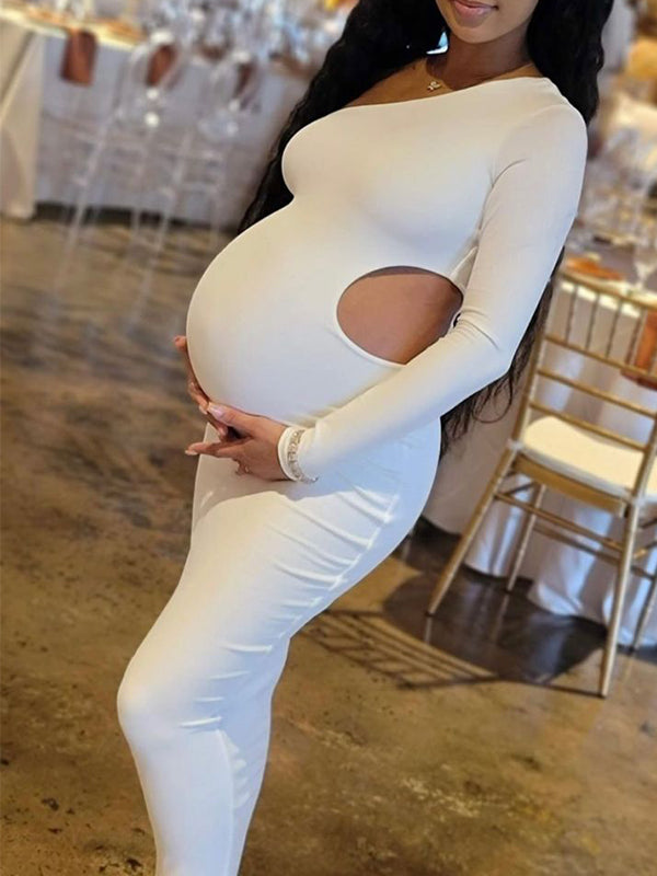 Momnfancy One Shoulder Cut Out Irregular Bodycon Long Sleeve Baby Shower Party Maternity Maxi Dress