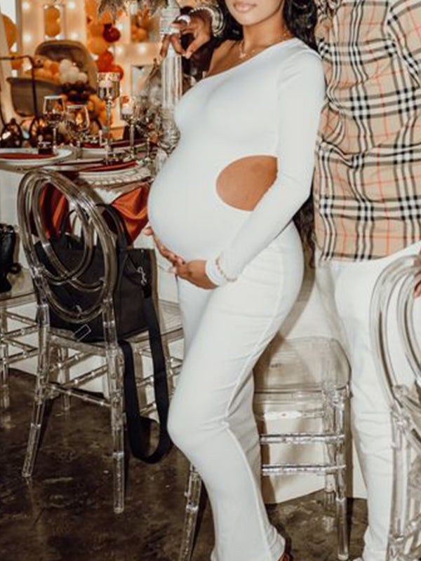 Momnfancy One Shoulder Cut Out Irregular Bodycon Long Sleeve Baby Shower Party Maternity Maxi Dress