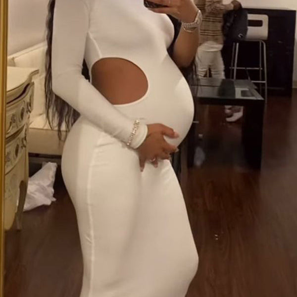 Momnfancy One Shoulder Cut Out Irregular Bodycon Long Sleeve Baby Shower Party Maternity Maxi Dress