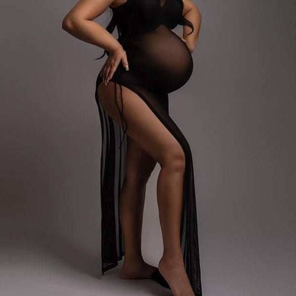 Momnfancy Off Shoulder Mesh Split Drawstring Bikinis Swimwear Photoshoot Maternity Maxi Dress