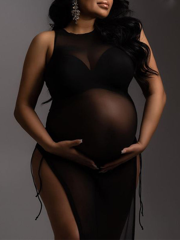 Momnfancy Off Shoulder Mesh Split Drawstring Bikinis Swimwear Photoshoot Maternity Maxi Dress