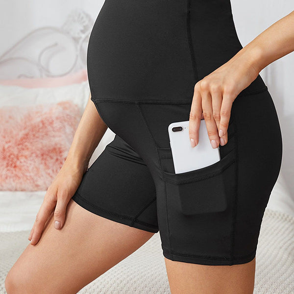 Momnfancy Summer Black Pockets High Rise Stretch Jumpsuit Maternity Sports Yoga Workout Short Legging