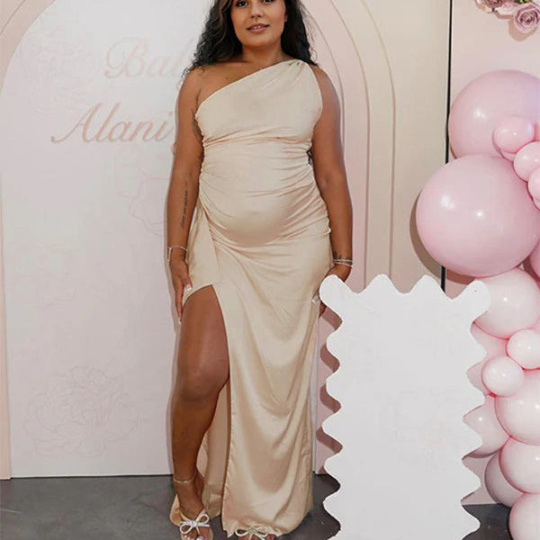Momnfancy Apricot One Shoulder Backless Maternity Babyshower Maxi Dress