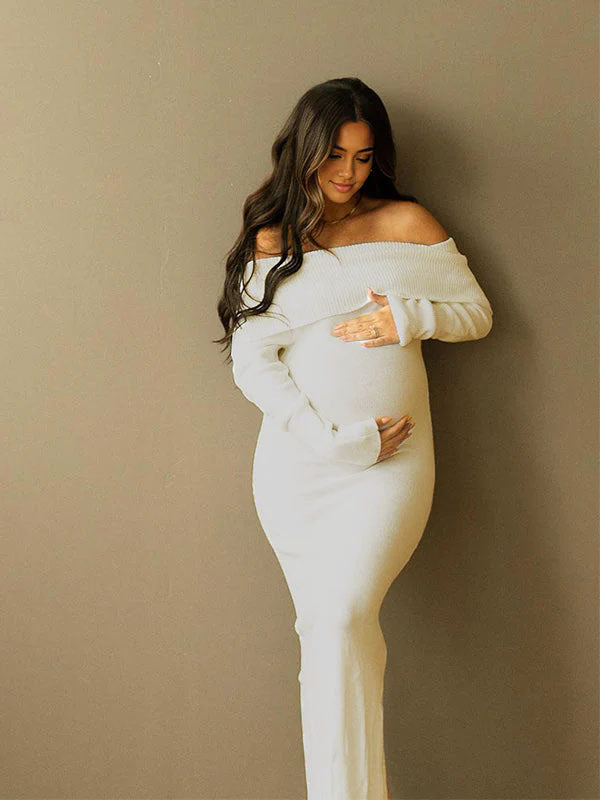 Momnfancy Off Shoulder Knit Bodycon Mermaid Going Out Baby Shower Maternity Sweater Maxi Dress