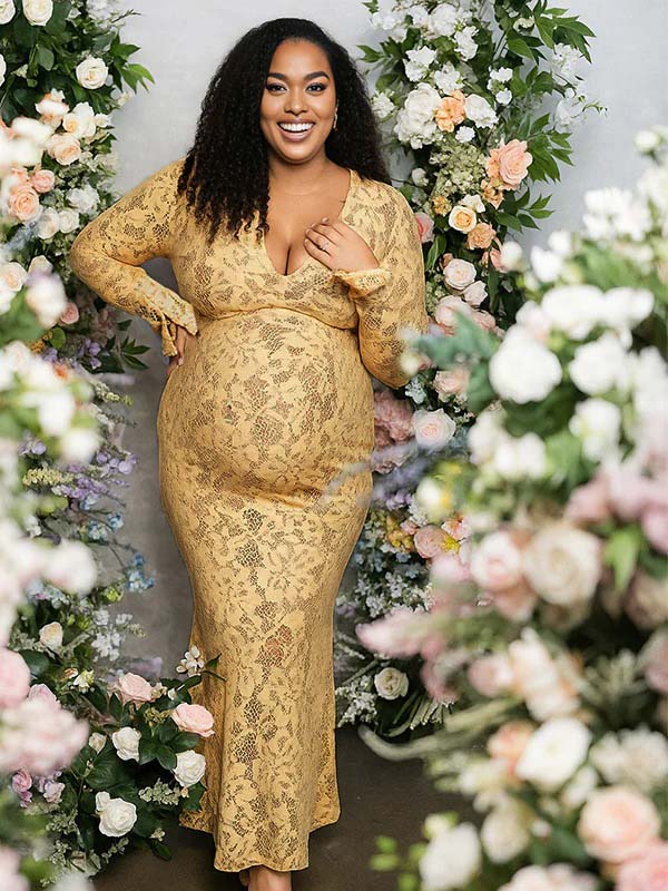 Momnfancy Yellow Lace V-neck Flare Sleeve Plus Size Elegant Maternity Maxi Dress