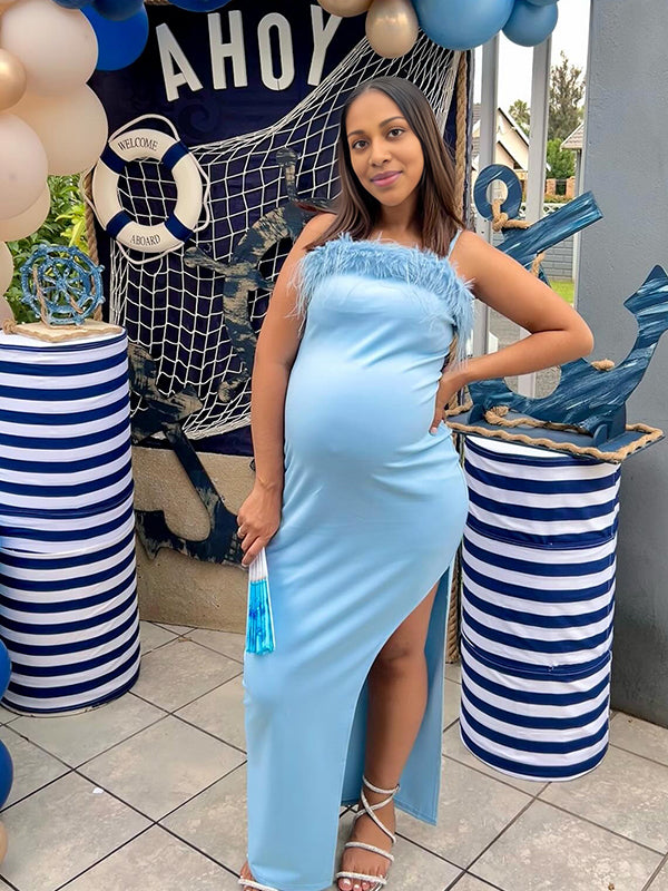 Momnfancy Spaghetti Strap Feather Splicing Maternity Baby Shower Maxi Dress