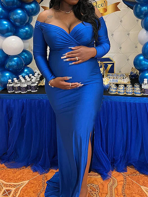 Momnfancy Blue Off Shoulder Long Sleeve High Split Bodycon Solid Baby Shower Party Gown Maternity Maxi Dress