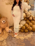 Momnfancy Elegant White Geometric Crochet Transparent Hollow Wavy Edge Bohemian Vacation Cover-Ups Maternity Babyshower Maxi Dress