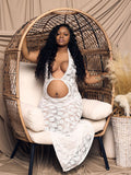 Momnfancy White Lace Cut Out Backless Sheer Photoshoot Maternity Maxi Dress