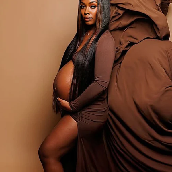 Momnfancy Brown Off Shoulder Cross Front Crop Side Slit 2-in-1 Photoshoot Maternity Maxi Dress