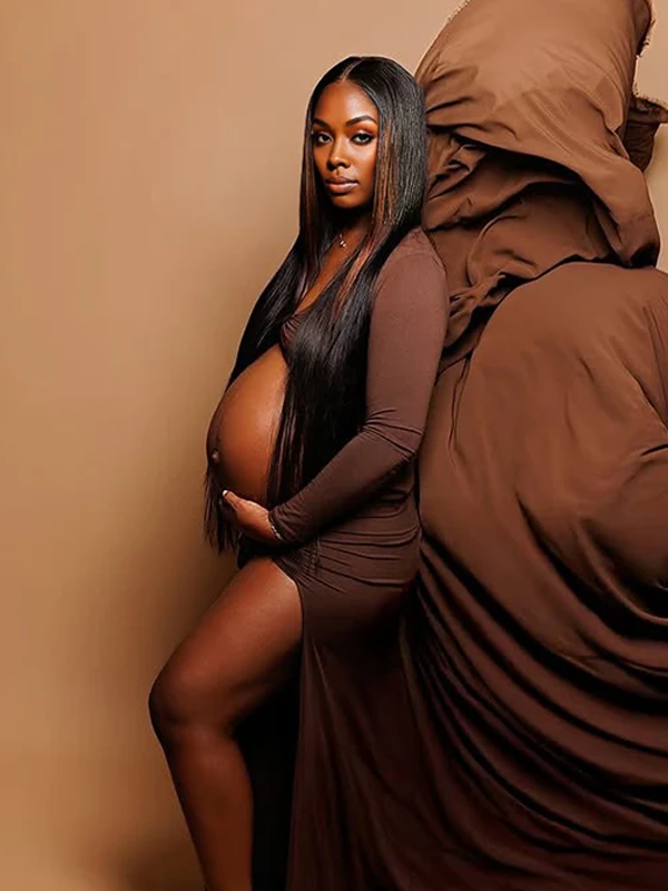 Momnfancy Brown Off Shoulder Cross Front Crop Side Slit 2-in-1 Photoshoot Maternity Maxi Dress