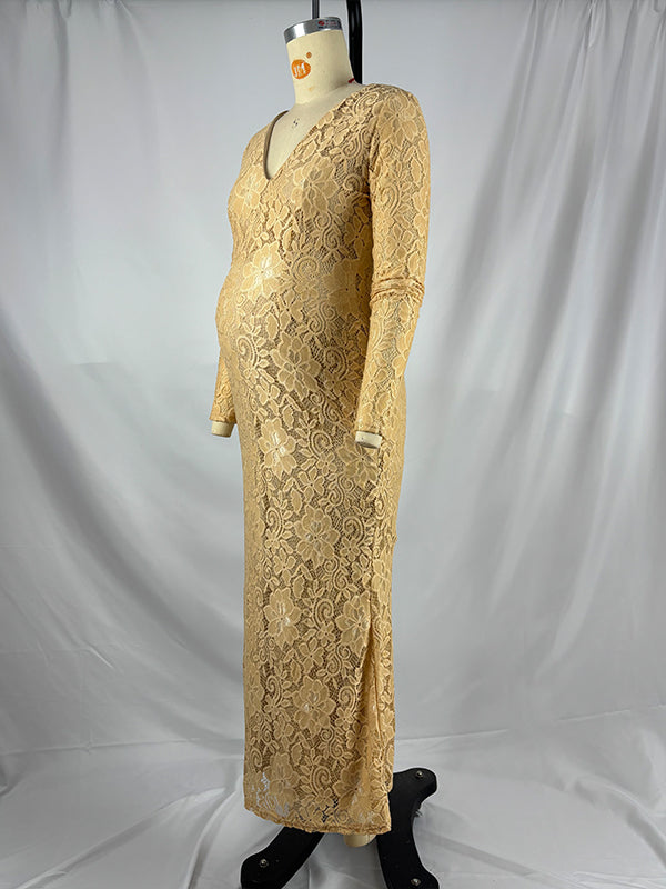 Momnfancy Yellow Lace V-neck Flare Sleeve Plus Size Elegant Maternity Maxi Dress