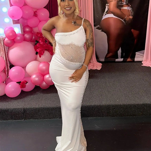 Momnfancy Diamonds Mesh One Shoulder Bodycon Maternity Dress