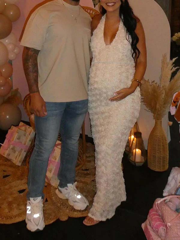 Momnfancy White Backless V-Neck Bodycon Baby Shower Maternity Maxi Dress