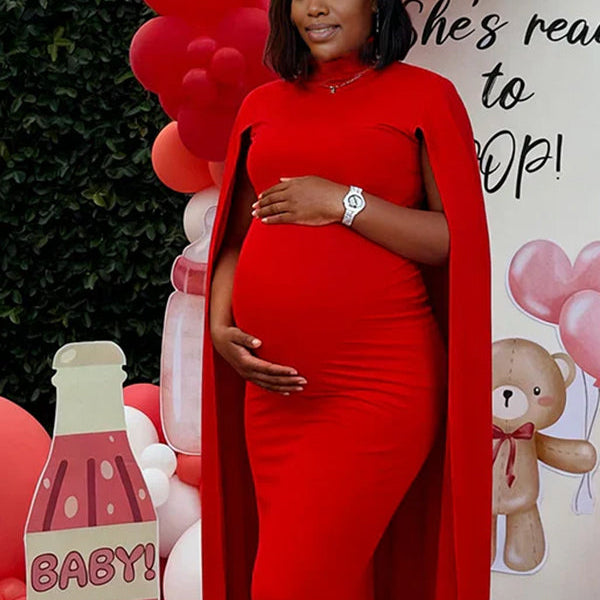 Momnfancy High Neck Spliced Cape Plus Size Party Evening Bodycon Maternity Baby Shower Maxi Dress