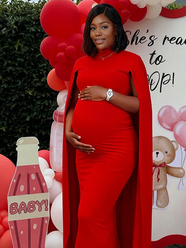 Momnfancy High Neck Spliced Cape Plus Size Party Evening Bodycon Maternity Baby Shower Maxi Dress
