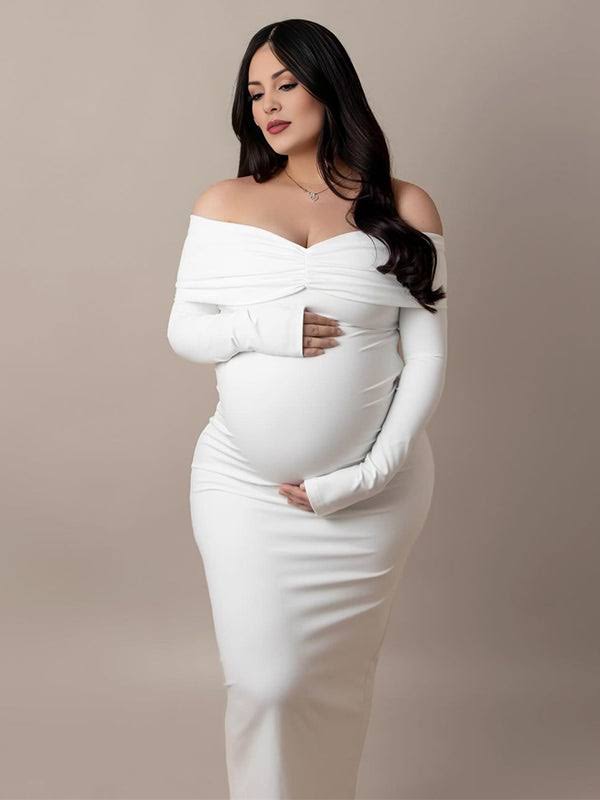 Momnfancy White Ruched Off Shoulder Backless Bowknot Bandeau Bodycon Mermaid Cocktail Party Bandage Babyshower Gowns Photoshoot Maternity Maxi Dress